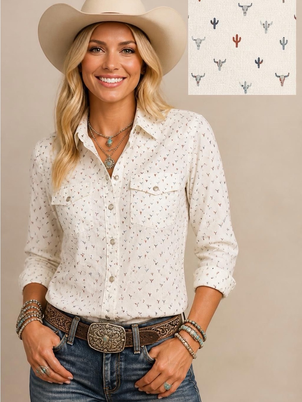 RANK 45® WOMEN'S RODEO PRINT LONG SLEEVE BUTTON-DOWN STRETCH RIDING SHIRT L